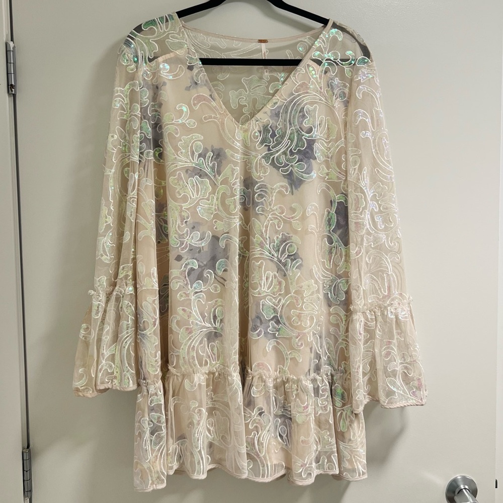 Free People Falling Flowers Flock Mesh Long Sleeve Dress | XS, Ivory Sequin